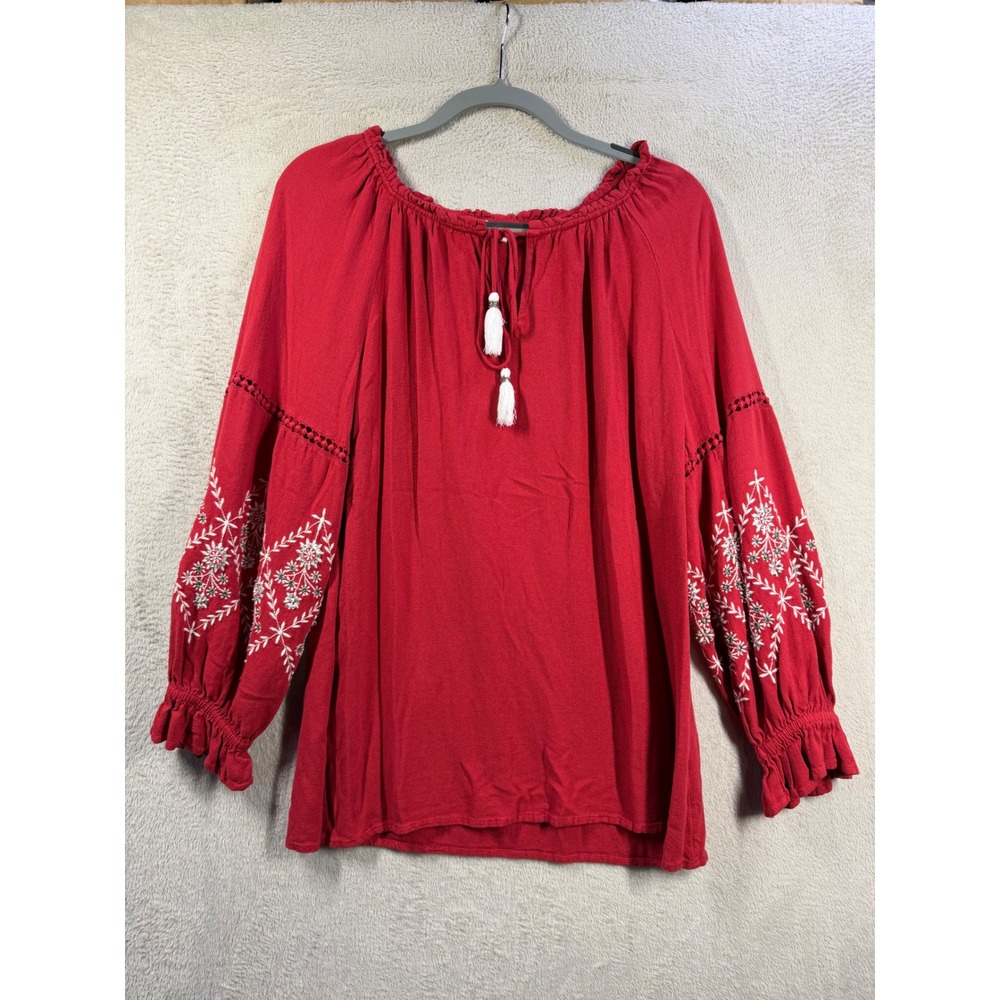 Sweet Magnolia Peasant Blouse Womens XL Red Embroidered Boho Tassel Top